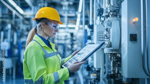 A focused female engineer in safety gear monitors industrial machinery while using a tablet in a high-tech environment.