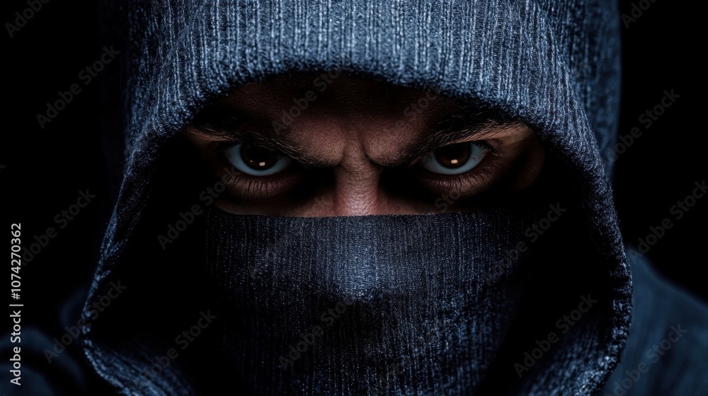 Intense and focused eyes close up. Dark hood and mask with eyes visible. Concept of mystery, danger, or threat. Intense and focused eyes close up. Dark hood and mask with eyes visible. Concept of mystery, danger, or threat.