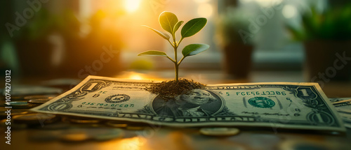 A sprouting plant emerges from a dollar bill, symbolizing financial growth and sustainable investment ventures. photo