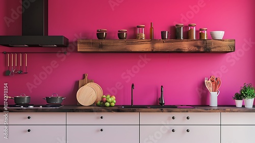 A kitchen with a wooden shelf and viva magenta wall paneling creates a lively and useful design.