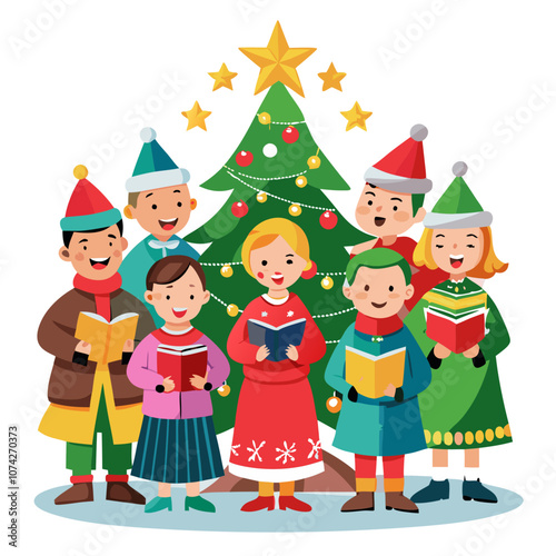 Christmas Carolers: A group of children, dressed in festive attire, stand in front of a beautifully decorated Christmas tree, singing carols with joy and enthusiasm.