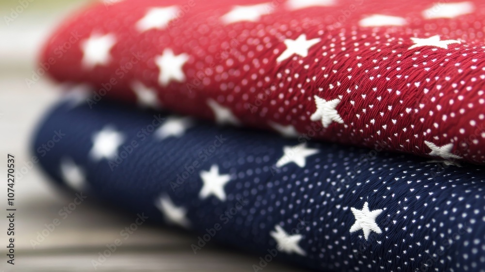 Close-up of red and blue fabric with white star patterns. Close-up of red and blue fabric with white star patterns.