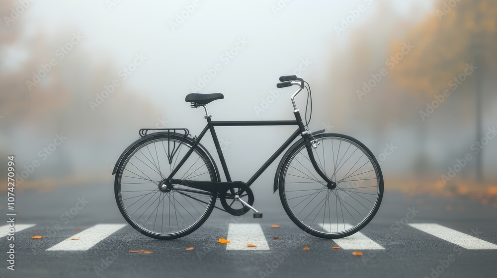 Black Bicycle on Foggy Street with Crosswalk Black Bicycle on Foggy Street with Crosswalk