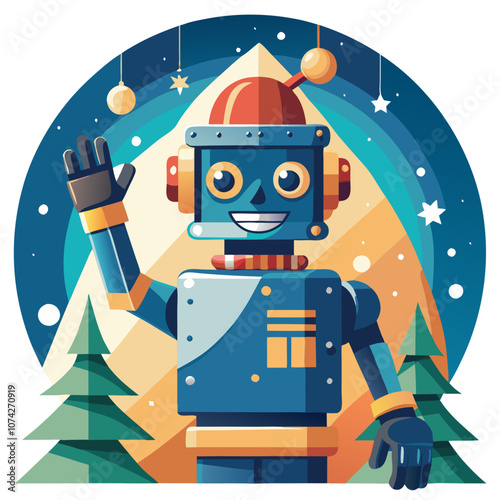 Merry Christmas Robot: A cheerful, vintage-style robot waves a friendly greeting amidst a festive winter scene. This charming illustration is perfect for holiday cards, websites, and more.