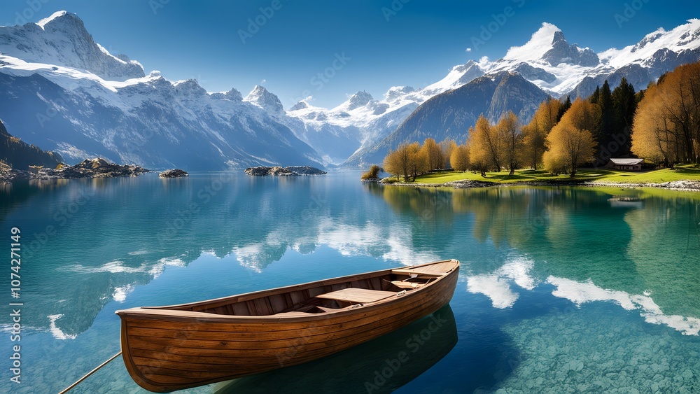 Switzerland a serene alpine lake with a small wooden boat drifting across crystal clear waters, Ai generated Switzerland a serene alpine lake with a small wooden boat drifting across crystal clear waters, Ai generated