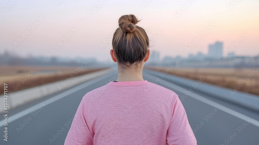 Woman running along an empty highway at dusk, horizon in background, self-care and mental health Night run, wellness, self-care Woman running along an empty highway at dusk, horizon in background, self-care and mental health Night run, wellness, self-care