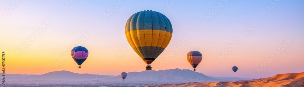 Obraz premium Colorful hot air balloons soaring over serene sandy landscapes.