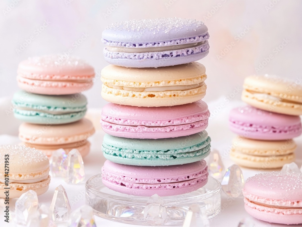 Colorful macarons arranged beautifully on a delicate surface.