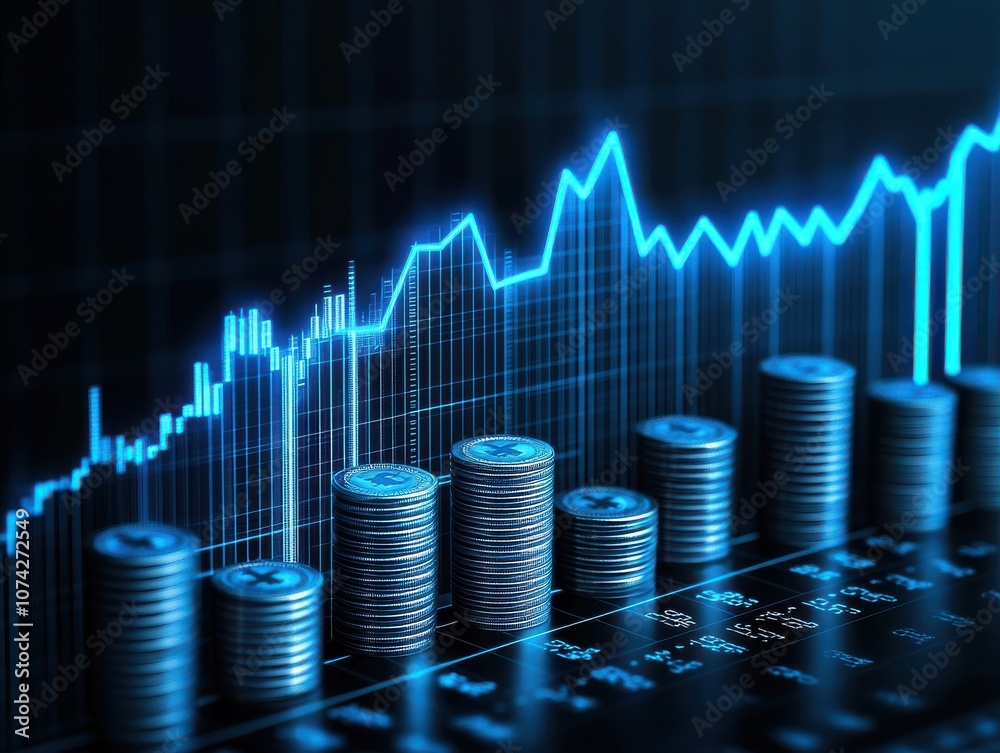 Concept of financial growth with coins and a rising graph. Concept of financial growth with coins and a rising graph.