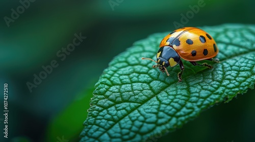 Orange and black-spotted ladybug on a green leaf with a detailed texture