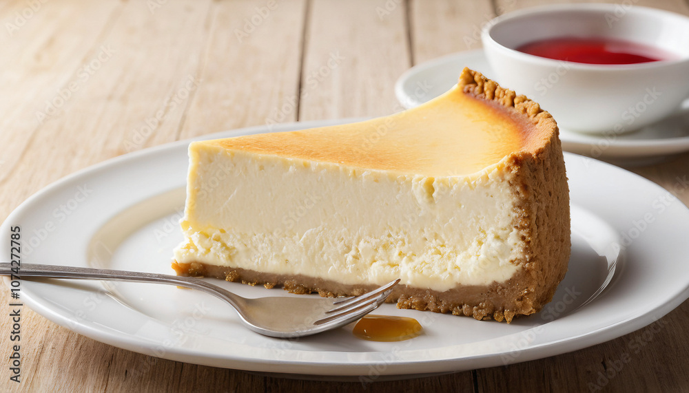 A slice of classic cheesecake. Suitable for marketing or business purposes. Panoramic banner with place for text