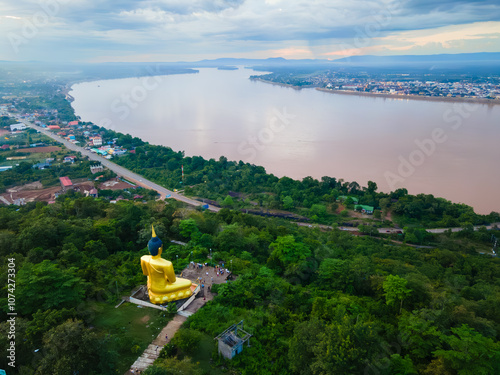 Aerial drone photo of the Mekong River with a view of Pakse city, Laos. photo