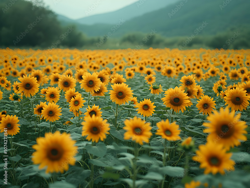 Obraz premium A vibrant field of sunflowers stretching towards the horizon, showcasing nature's beauty and warmth.