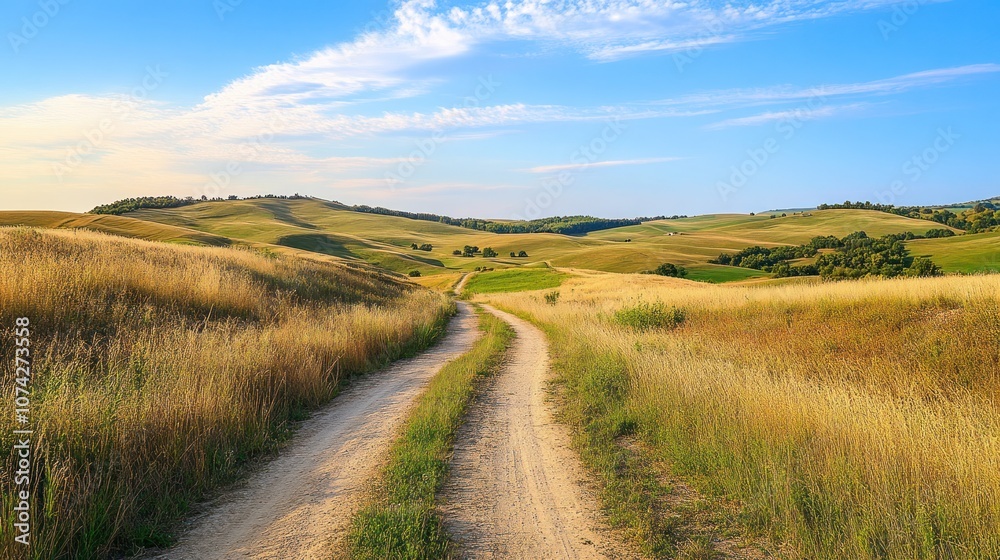A serene landscape featuring a dirt trail cutting through a picturesque countryside, A serene landscape featuring a dirt trail cutting through a picturesque countryside,