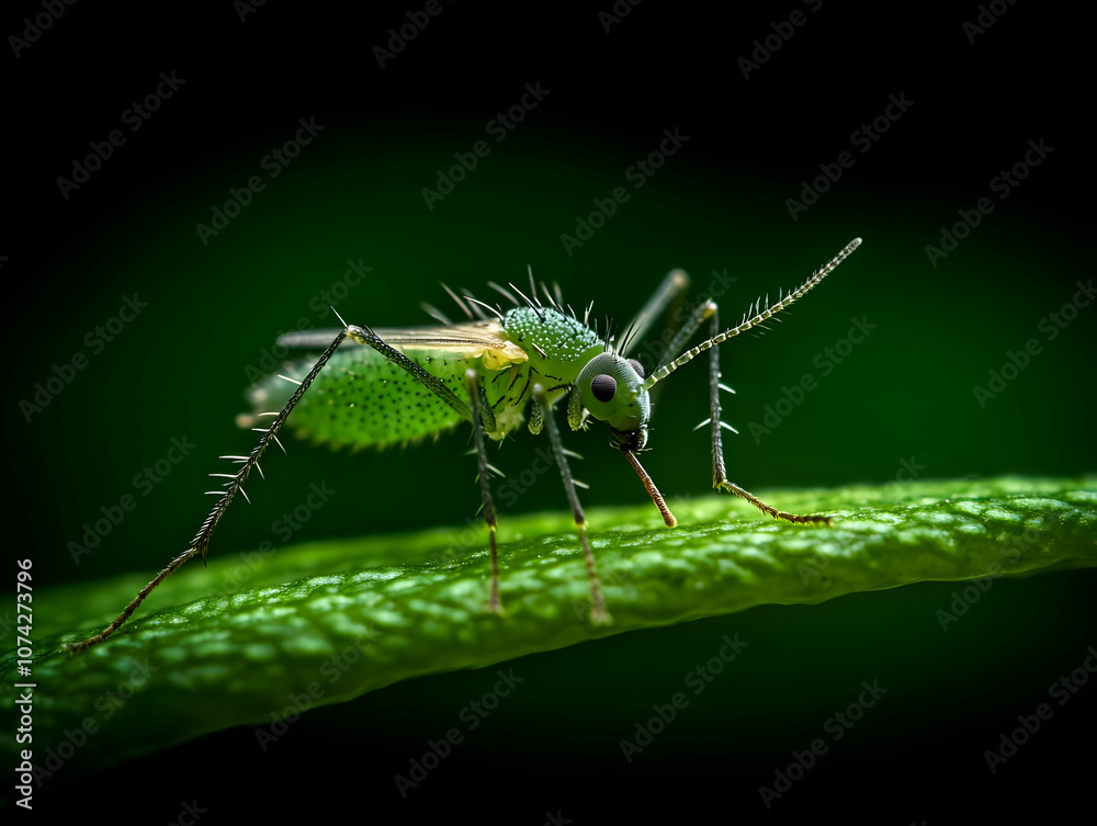 A vibrant green insect perched on a leaf, showcasing nature's intricate details in a macro environment. A vibrant green insect perched on a leaf, showcasing nature's intricate details in a macro environment.