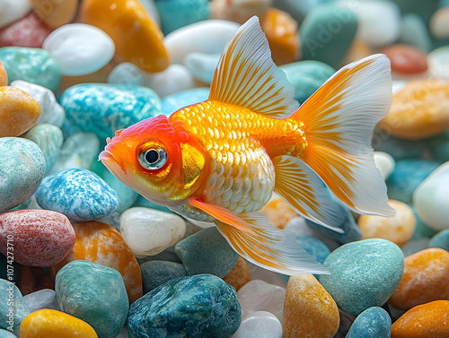 A vibrant goldfish swimming gracefully among colorful pebbles in a clear aquarium. photo