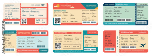 Vector flat style illustration a set of airplane tickets, boarding pass.