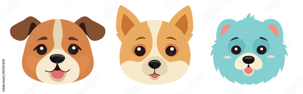 Fototapeta premium Vector illustration in a flat style features three cartoon dog puppy faces with distinct expressions and fur colors. Quadrobists kid mask