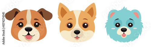 Vector illustration in a flat style features three cartoon dog puppy faces with distinct expressions and fur colors. Quadrobists kid mask