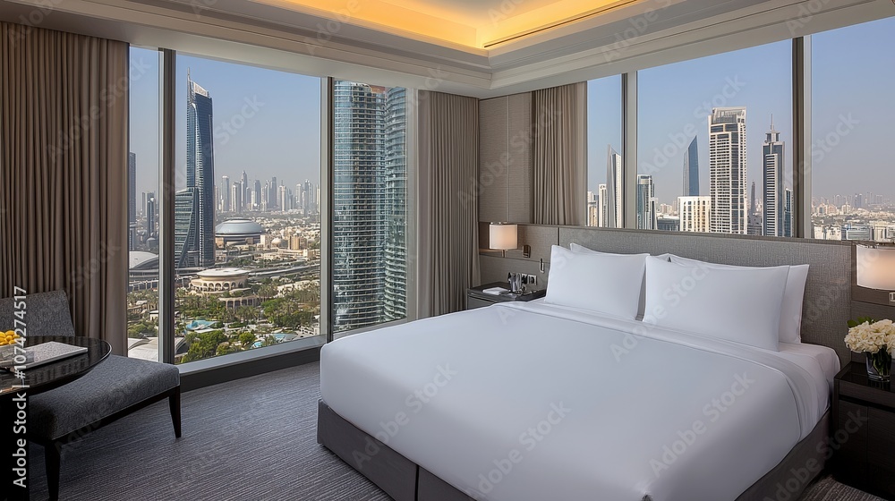 Fototapeta premium Modern Luxury Hotel Bedroom with Cityscape View and King Size Bed