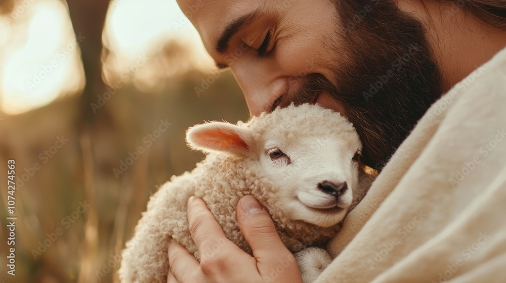Man Gently Embracing Lamb in Peaceful Setting A bearded man lovingly holds a lamb close, conveying tenderness and connection in a serene, natural environment with warm lighting Man Gently Embracing Lamb in Peaceful Setting A bearded man lovingly holds a lamb close, conveying tenderness and connection in a serene, natural environment with warm lighting