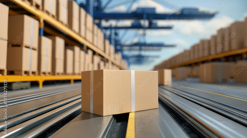 Cardboard Box on Conveyor in Shipping Warehouse A cardboard box moves along a conveyor belt in a large, organized warehouse filled with stacked packages, symbolizing logistics and supply chain Cardboard Box on Conveyor in Shipping Warehouse A cardboard box moves along a conveyor belt in a large, organized warehouse filled with stacked packages, symbolizing logistics and supply chain