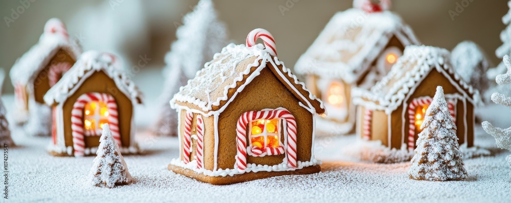 Obraz premium Delightful gingerbread houses adorned with icing and candy.
