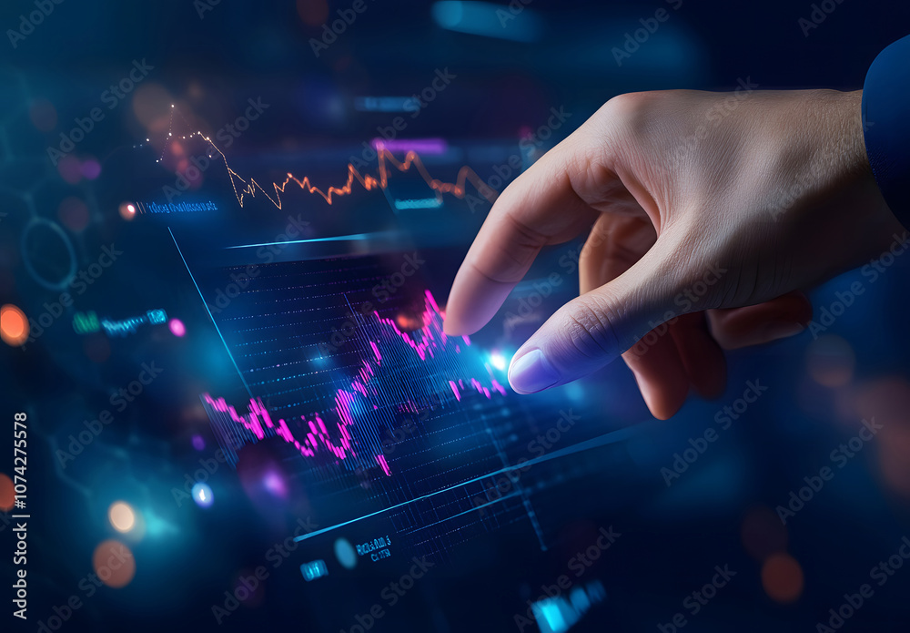 Hand Interacting with Financial Data on a Digital Screen with Blue and Pink Graphs Hand Interacting with Financial Data on a Digital Screen with Blue and Pink Graphs