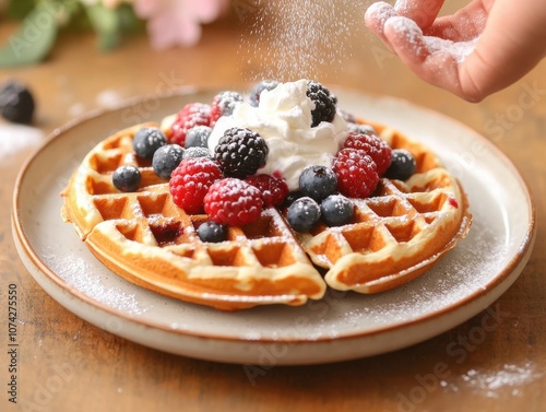 Delicious waffles topped with berries and whipped cream.