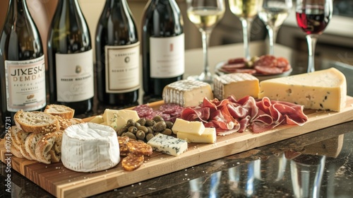 A cheese board is filled with a diverse spread of nonalcoholic wineinfused options from tangy cheddar to herbcrusted goat cheese each carefully paired with a different bottle of wine.