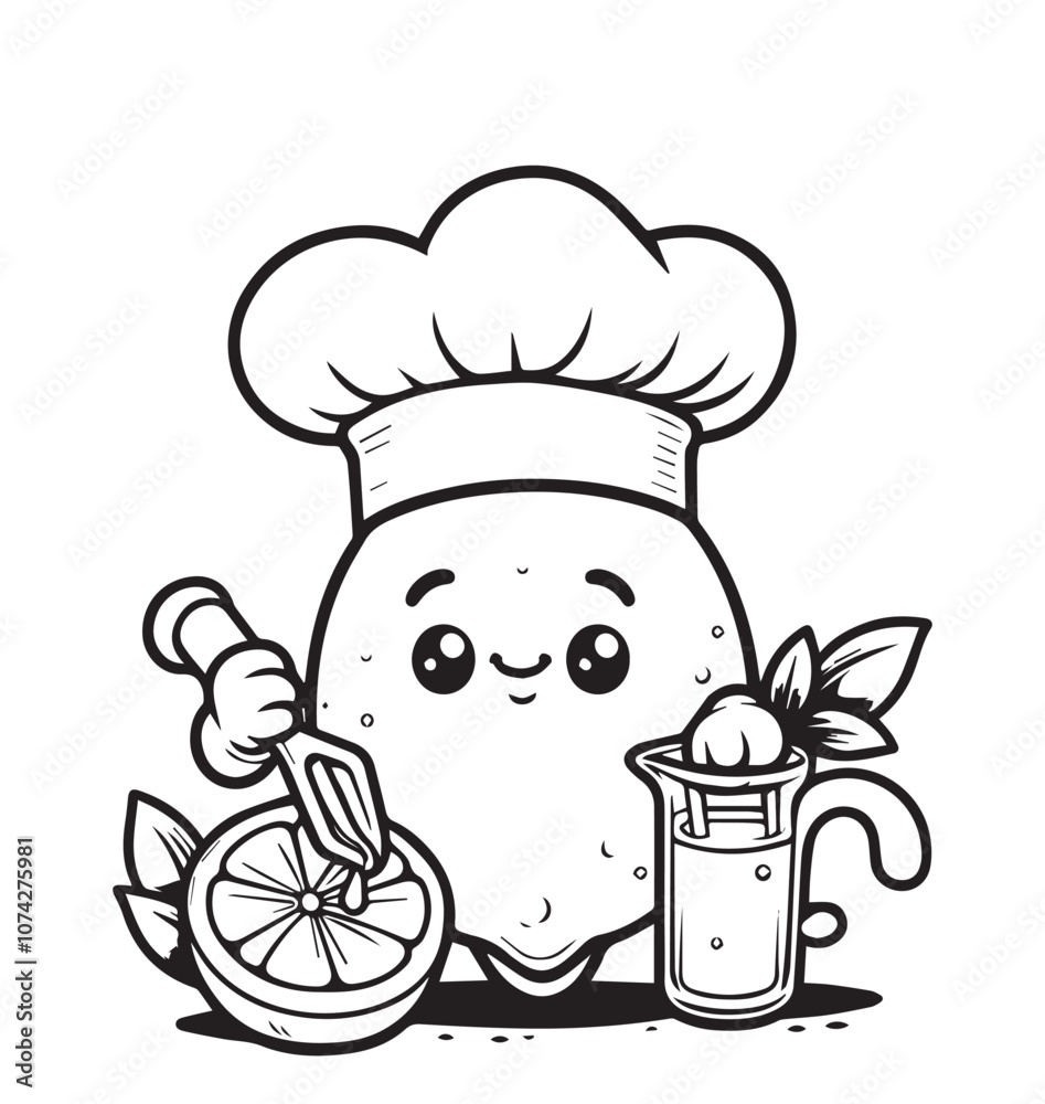 Coloring page cute lemon chef hat illustration Coloring page cute lemon chef hat illustration