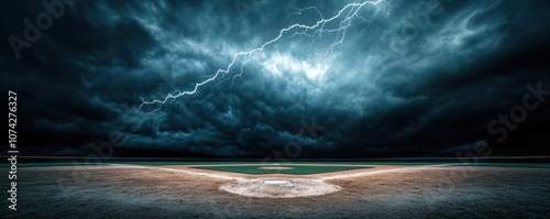 Dramatic scene of a baseball field under a stormy sky.