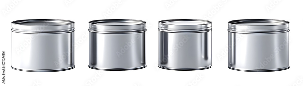Four shiny silver metal cans arranged in a row isolated on transparent background. Four shiny silver metal cans arranged in a row isolated on transparent background.