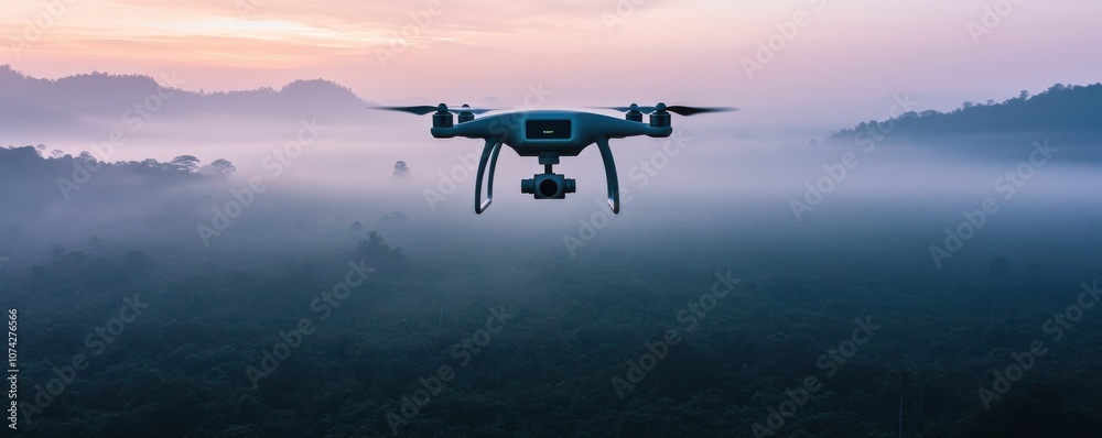 Drone flying over a foggy landscape at sunrise. Drone flying over a foggy landscape at sunrise.