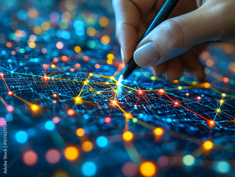 Naklejka premium Close-up of a hand using a stylus on a digital interface filled with vibrant network patterns and glowing connections.