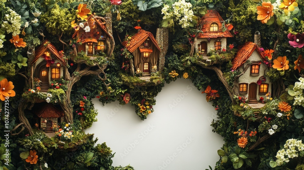 Obraz premium Enchanted Fairy Houses Surrounded by Lush Greenery and Colorful Flowers in a Magical Woodland Setting Perfect for Fantasy and Nature Themes