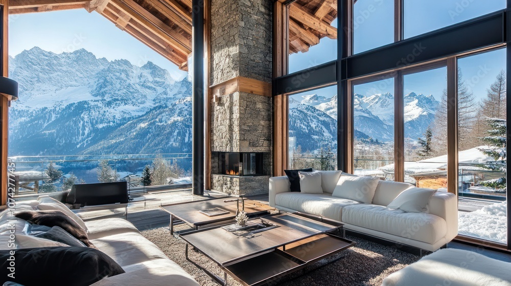 Fototapeta premium Luxury mountain chalet with large panoramic windows, wood and stone finish, snow-capped background