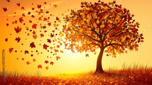 A single tree with vibrant autumn leaves stands in a field with leaves blowing in the wind and a sunset background.