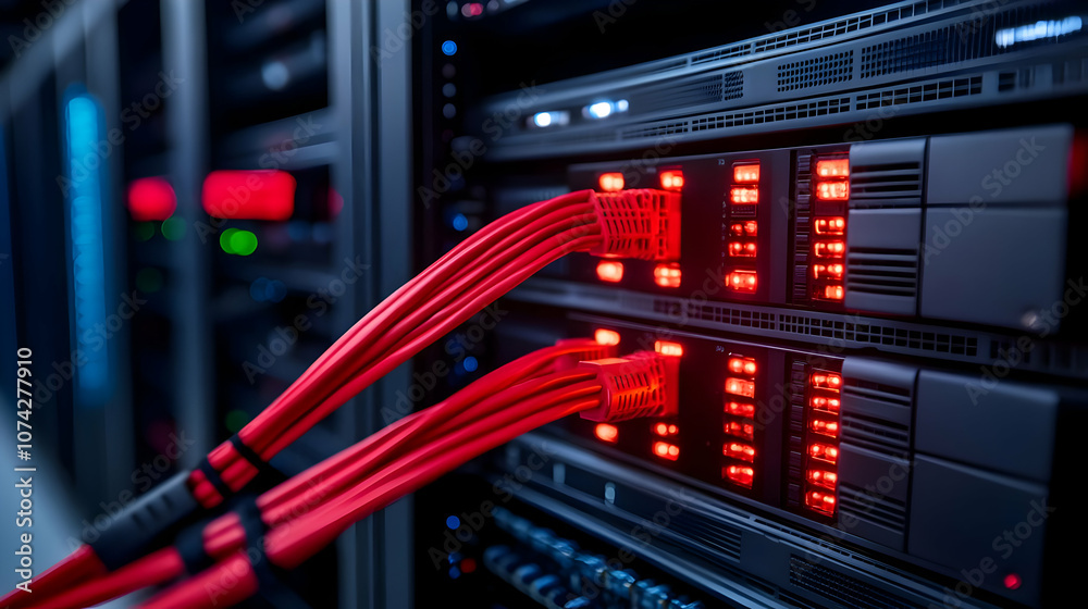 Close-up of red network cables connected to servers, showcasing data center technology and connectivity. Close-up of red network cables connected to servers, showcasing data center technology and connectivity.