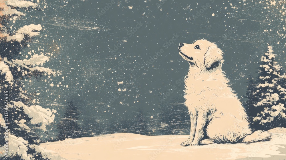 Retro illustration of a charming white fluffy dog sitting in a snowy landscape gazing into the distance Retro illustration of a charming white fluffy dog sitting in a snowy landscape gazing into the distance