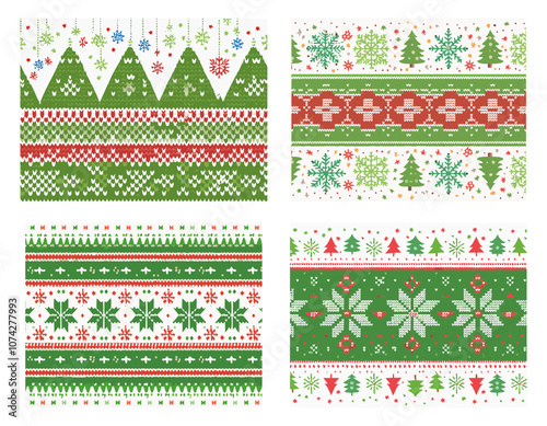 Christmas sweater inspired patterns in red and green, trees and snowflakes - vectors, cute and simple artwork, Holiday sweaters  in red and green, trees and snowflakes - vectors, knitted style.
