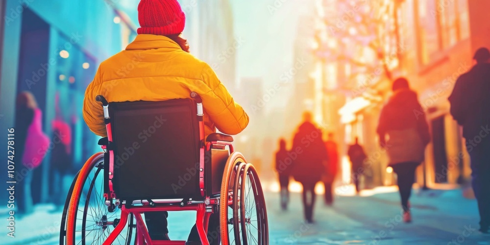 Obraz premium Person wheelchair walking city street is wearing yellow Disability Rights Images portraying