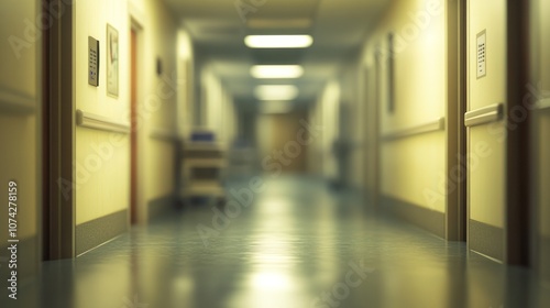 An indistinct view of a hospital surgery corridor, emphasizing the clean lines and modern architecture.