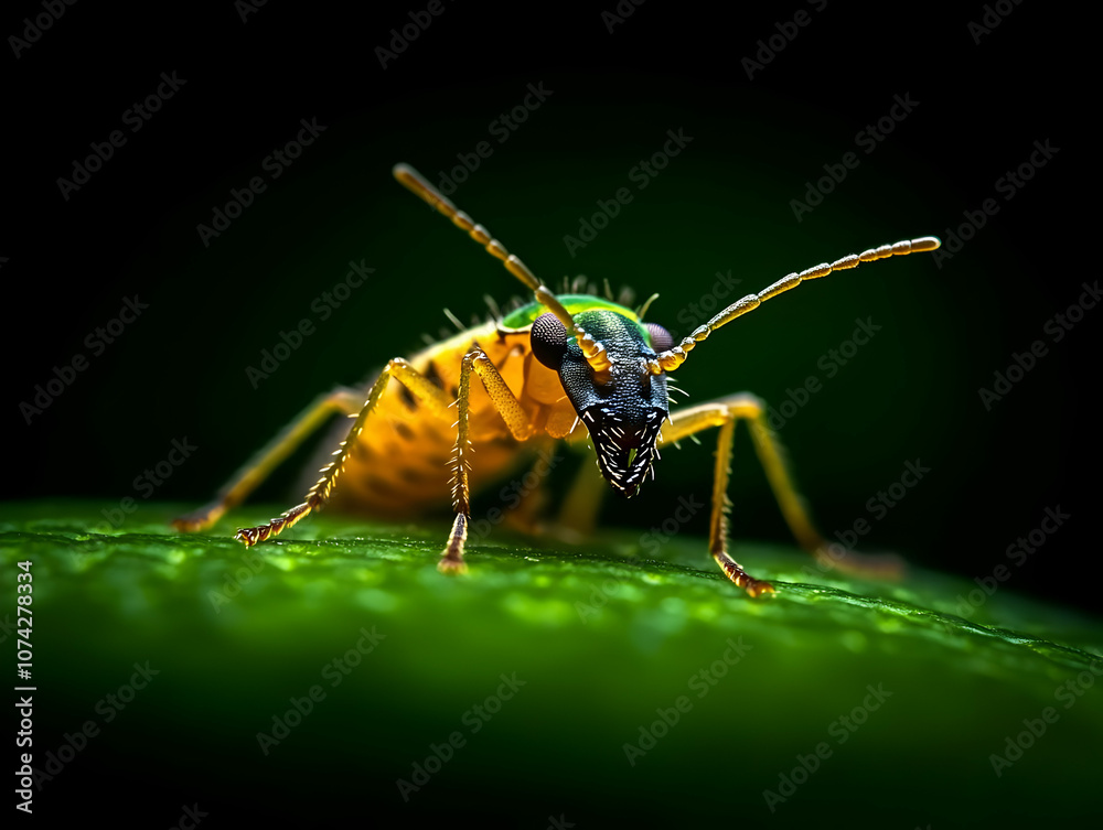 Close-up view of a vibrant insect perched on a green leaf, showcasing intricate details and bright colors. Close-up view of a vibrant insect perched on a green leaf, showcasing intricate details and bright colors.
