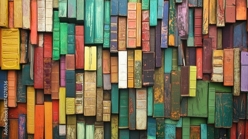 Colorful wooden book spines creating a vibrant wall design with an artistic mix of textures, shapes, and hues for creative backgrounds or literary themes photo