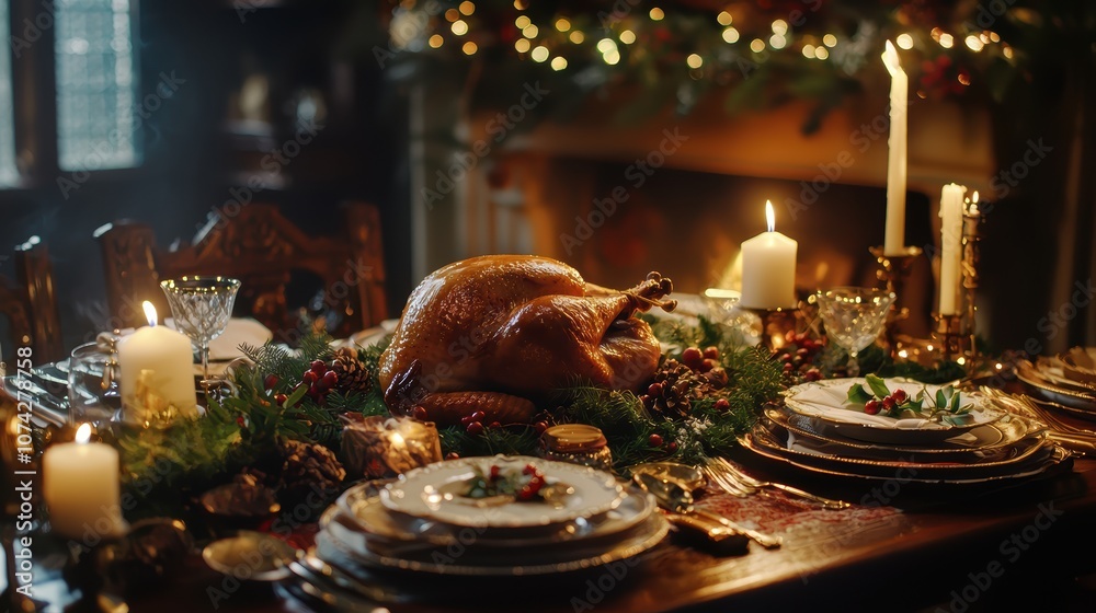 Elegant Thanksgiving Dinner Table Setting with Roast Turkey Surrounded by Cozy Candlelight, Festive Decor, and Seasonal Accents for a Memorable Family Celebration Elegant Thanksgiving Dinner Table Setting with Roast Turkey Surrounded by Cozy Candlelight, Festive Decor, and Seasonal Accents for a Memorable Family Celebration