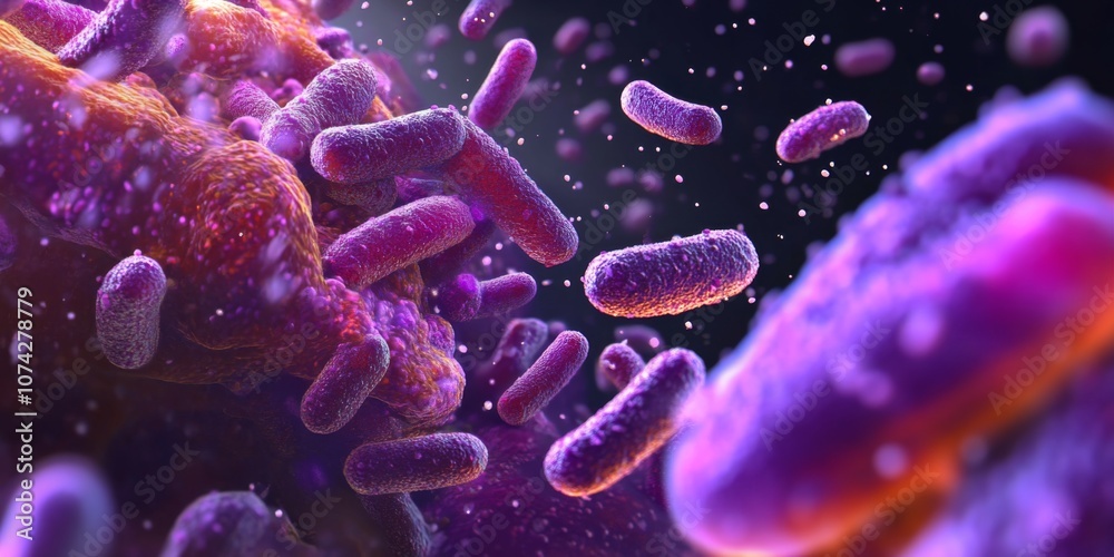Closeup group purple bacteria are arranged chaotic Antibiotic Mode of Action Closeup group purple bacteria are arranged chaotic Antibiotic Mode of Action