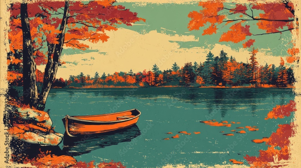 Obraz premium Retro coloring page of an autumn landscape featuring a boat on a pond surrounded by fall foliage Seasonal nature scene with trees and a tranquil water body