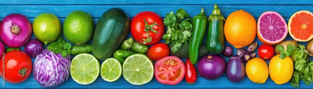 Fresh Ingredients for a Healthy Smoothie Preparation with Vibrant Vegetables and Fruits on a Blue Wooden Background
