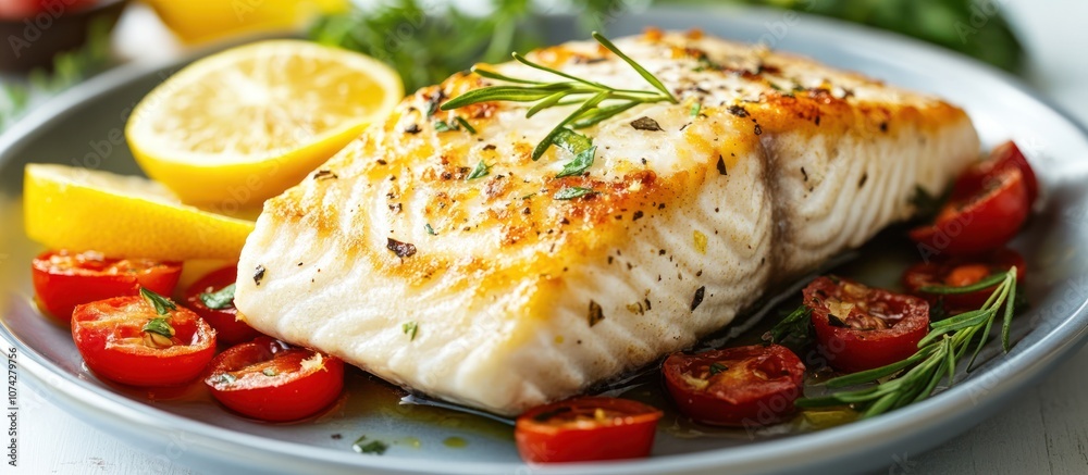 Close-up of a grilled fish fillet with lemon and cherry tomatoes on a grey plate. Close-up of a grilled fish fillet with lemon and cherry tomatoes on a grey plate.